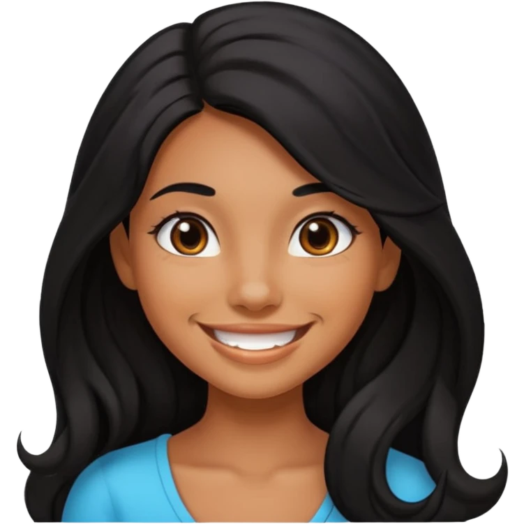 A tanned girl with long black hair, a dimple on her left cheek, and a big smile emoji