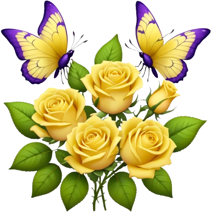 Bouquet of yellow roses. Purple butterflies are flying near it.  emoji