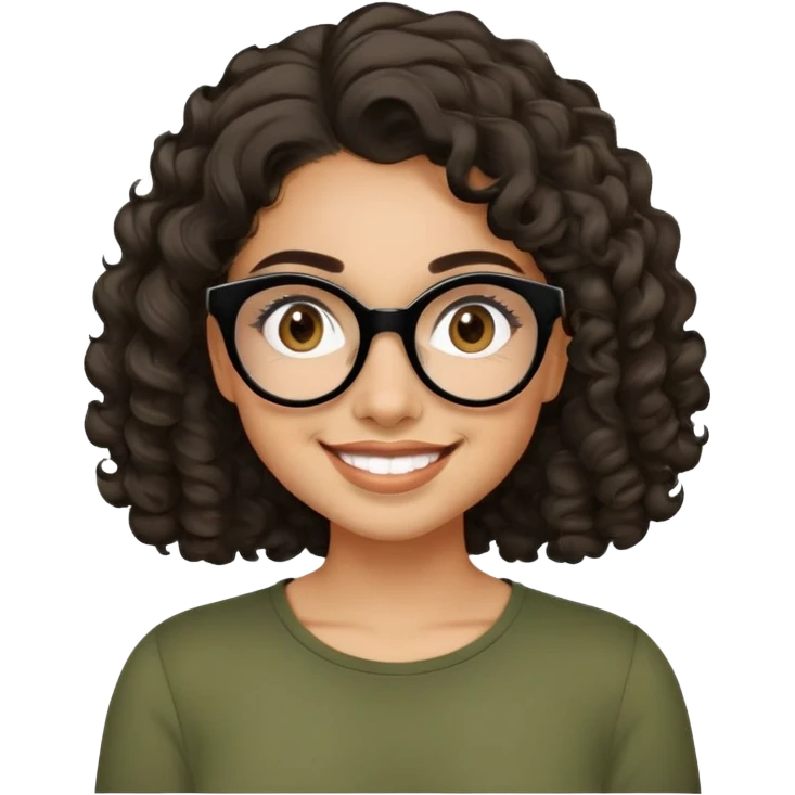 Young Latina woman with light tan skin. Round friendly face with dimples when smiling. Dark brown eyes behind black-framed glasses. Thick arched eyebrows. Shoulder-length curly voluminous hair. Big smile. Wearing an olive green top. emoji
