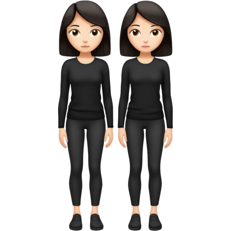 Cartoon emoji of a woman with long, loose dark hair, wearing simple black clothes. Full-height, standing nervously with hunched shoulders, head slightly down, arms close or crossed, legs together, eyes looking away. Smooth, simple, stylized. emoji