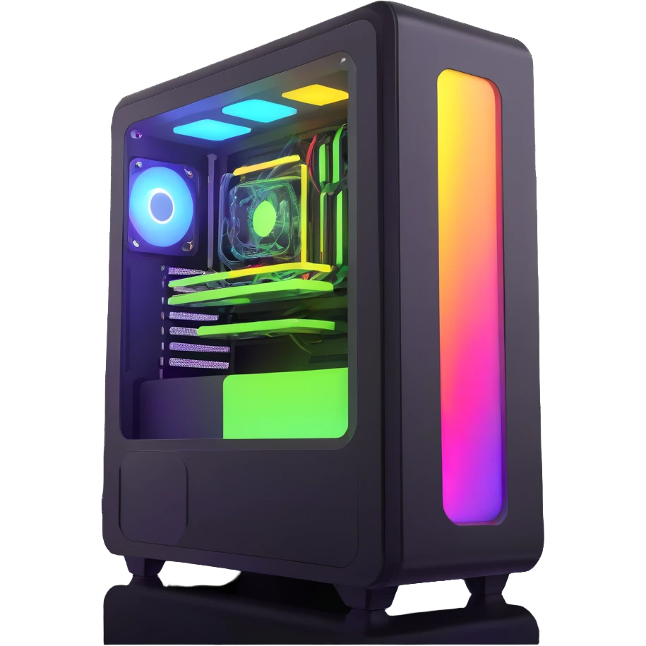 futuristic PC with vibrant light patterns inside glass case emoji