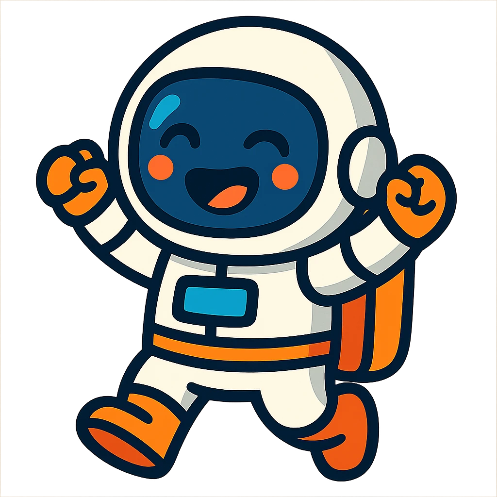 little astroneer with white suit and white helmet, very happy emoji