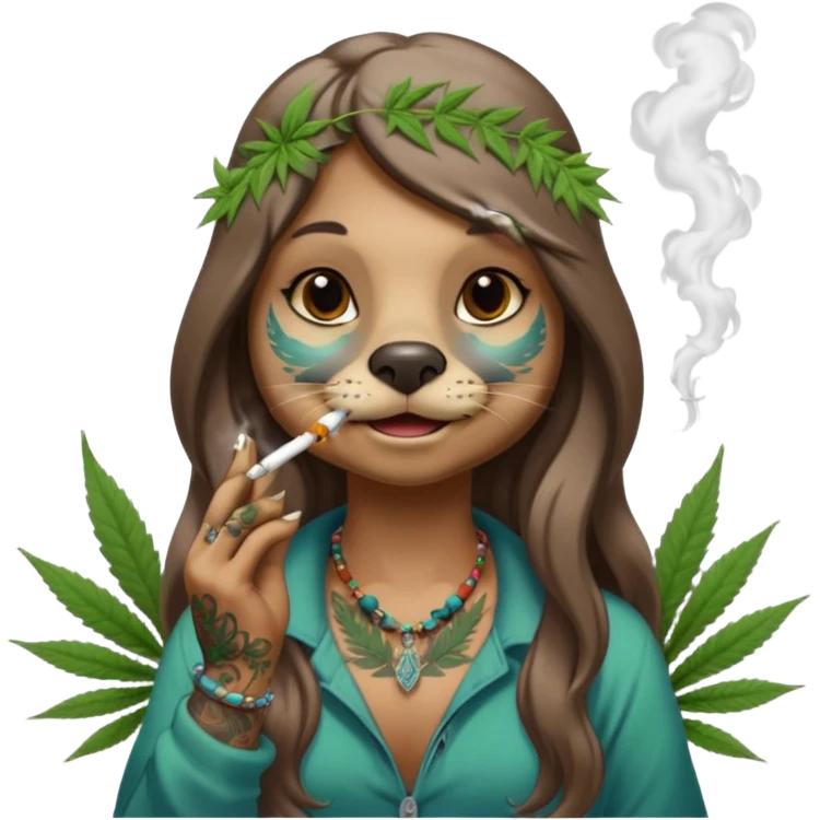 a female otter with long hair smoking a joint surrounded by marijuana fumes. a bit california hippy vibe, with tattoos and piercing emoji