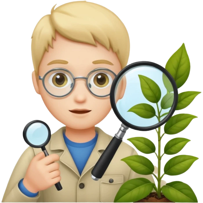 eine Pflanze mit einer Lupe kontrolliert bzw gecheckt wird  emoji
