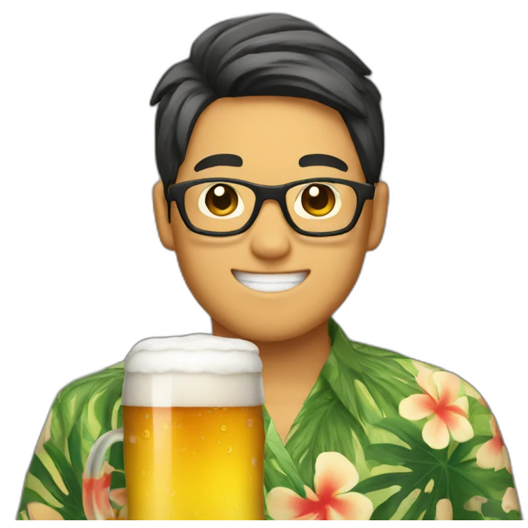 Japanese wearing glasses alohashirt is holding beer emoji