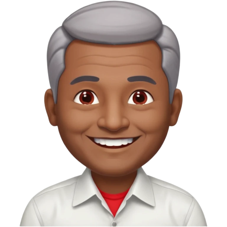 50 yr old indian man, dark skin, grey hair, big smile, white teeth, chubby, no moustache, clean shaven, young style hair, hair brushed back, 5 oclock shadow, bindy on forehead, dress shirt, red dot emoji
