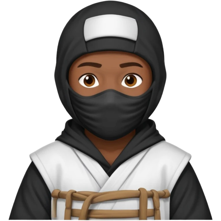 All white ninja robe with no black with white ski mask to cover face and neck with a hoodie on and dark brown skin color emoji