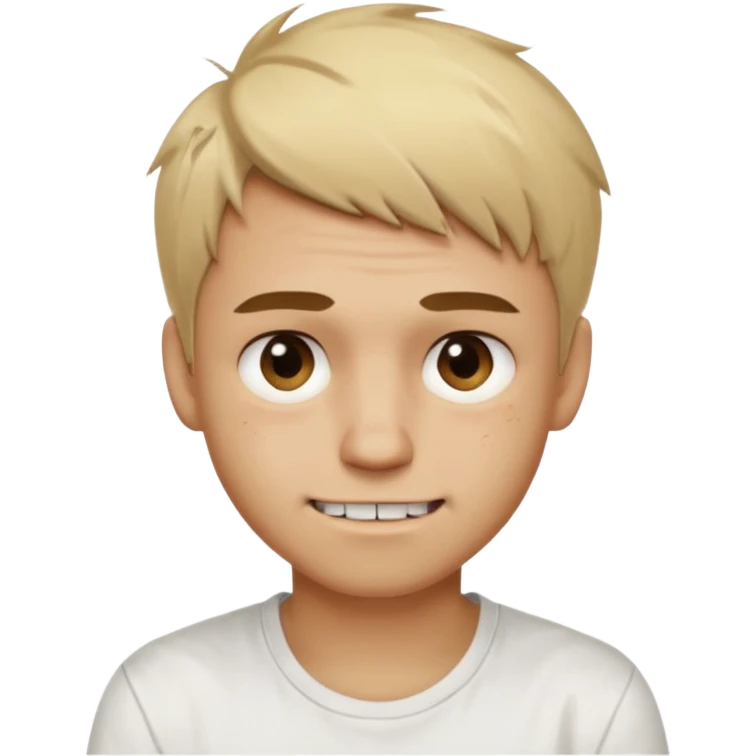 Male with short, messy blonde hair, large expressive golden-brown eyes, light brown skin, subtle facial bruises and scratches, crooked smile showing slightly damaged teeth, wearing a plain white t-shirt, friendly but creepy expression. emoji