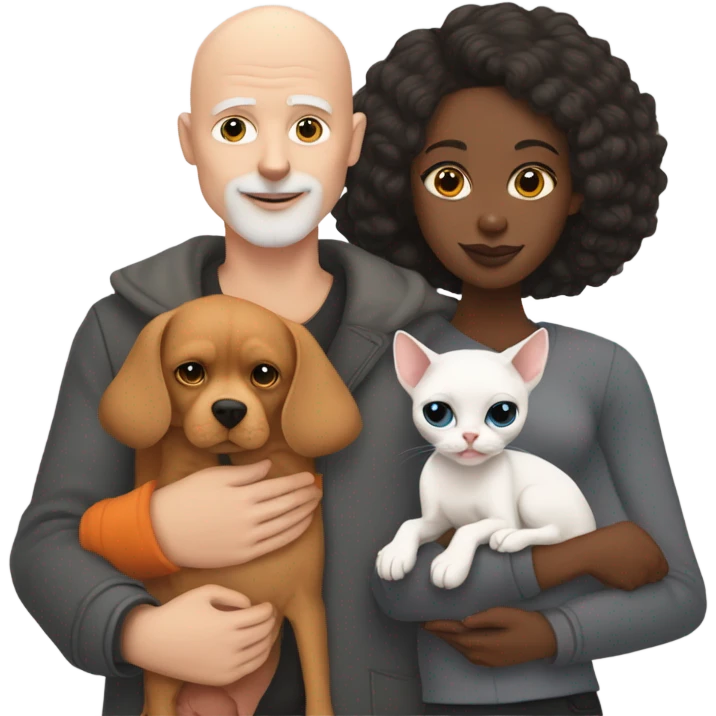 White bald man is holding a grey small sphinx cat and woman with dark straight hair is holding orange Pomeranian dog emoji