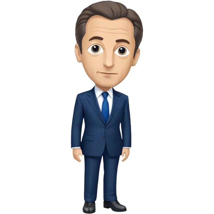 figure of Nicolas Sarkozy with an oversized head and small body, standing, wearing a navy suit and blue tie, highly recognizable face, simplified details emoji