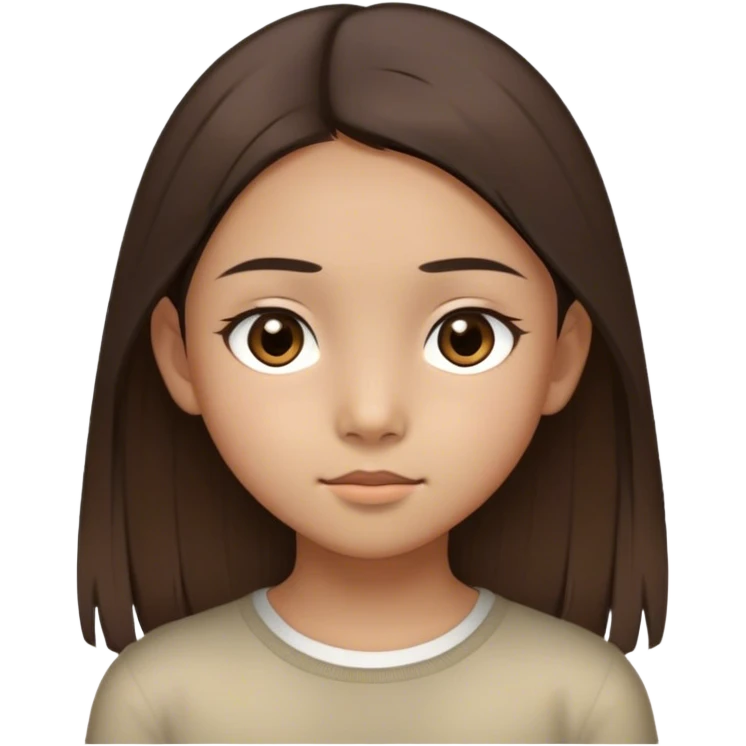A thin 10-year-old Asian girl with straight brown hair below her shoulders, two distinctly light strands framing her face, large dark brown eyes, olive skin, and light brown, not narrow eyebrows. emoji