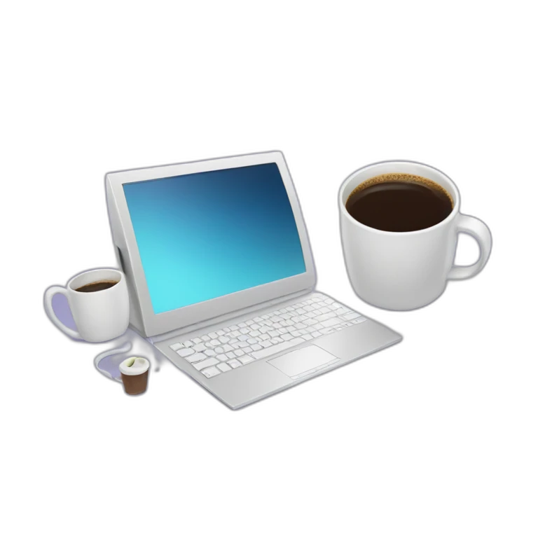 cat ears behind a computer and a coffee mug emoji