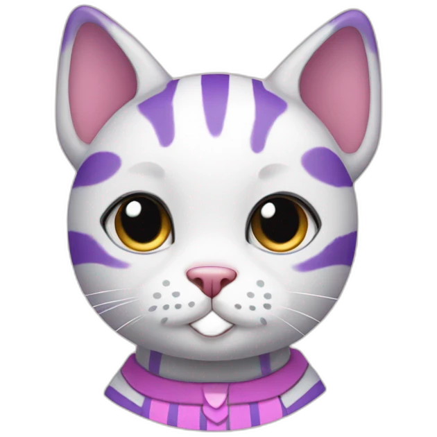 a white derpy cat with black hair on its head and pink and purple striped shirt and medium circle-shaped ears emoji