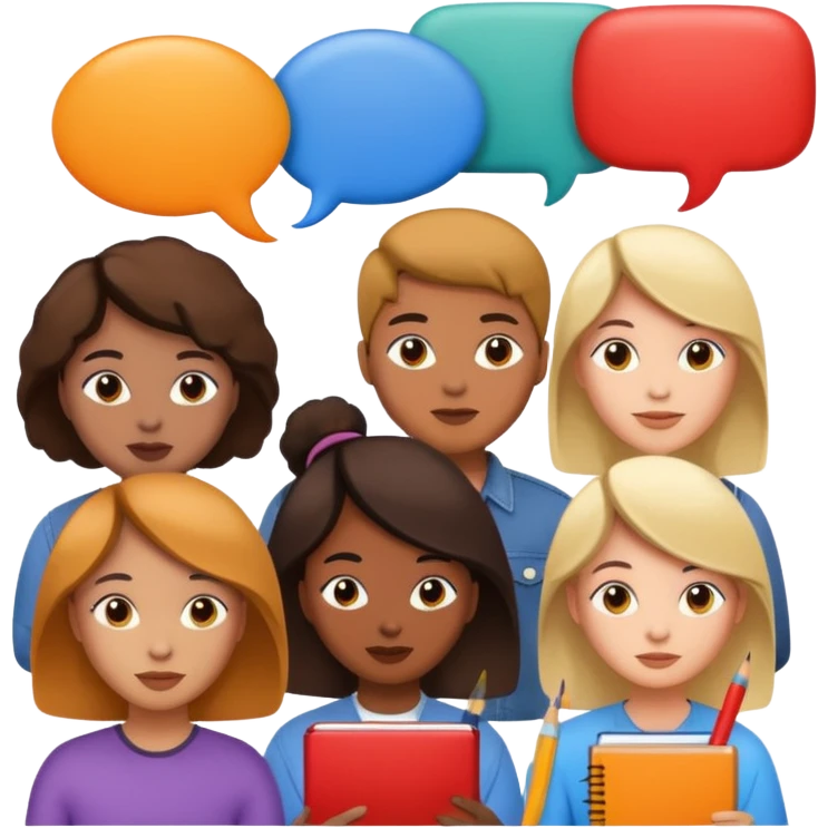 designers sharing ideas with speech bubbles and art supplies emoji