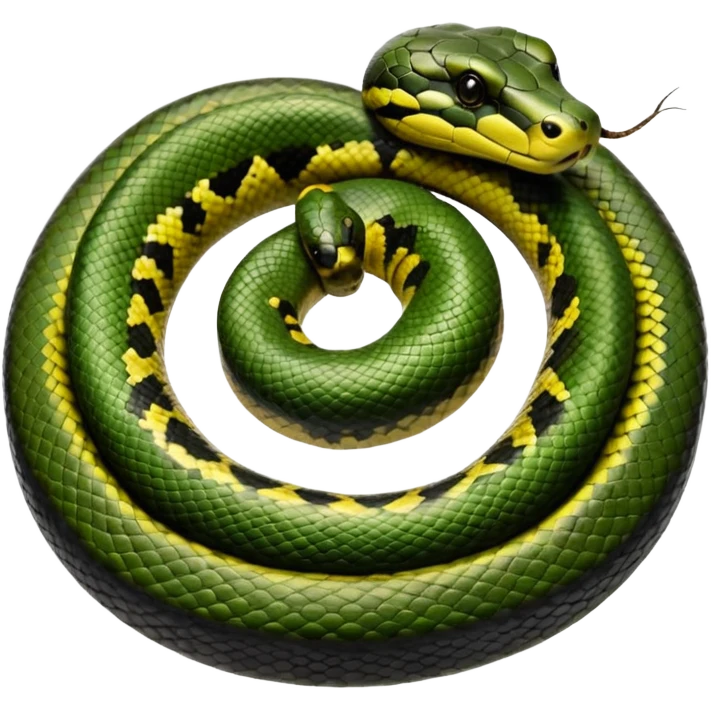A photo-realistic top-down view of a Green Anaconda tightly coiled in a spiral, with its broad, flat head resting at the center. Its thick, muscular body is olive-green and covered in symmetrical, bold black oval spots that stand out against its smooth scales, creating striking natural camouflage. emoji