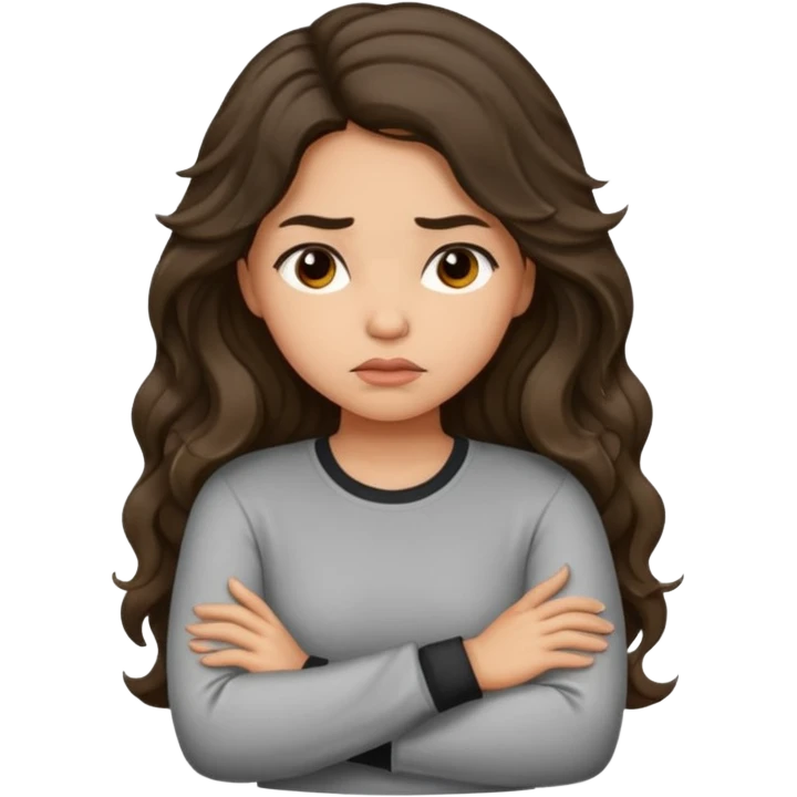 Hispanic light tan girl with long dark wavy hair with arms folded and pouting slightly. Wearing a long sleeve. emoji