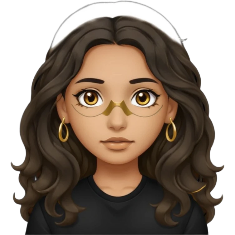 Girl with olive skin, very dark brown eyes and dark wavy long hair. wearing black shirt and gold nose piercing emoji