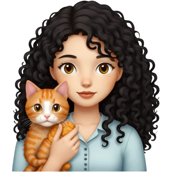 girl with long black curly hair holding a ginger cat emoji