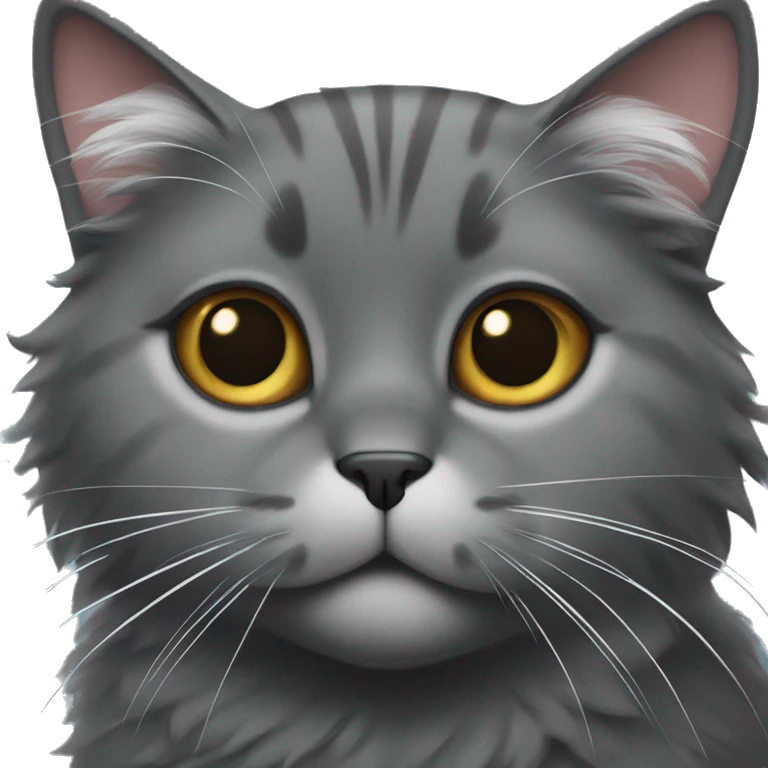 Fluffy dark grey cat with white spot under chin and a grey nose  emoji