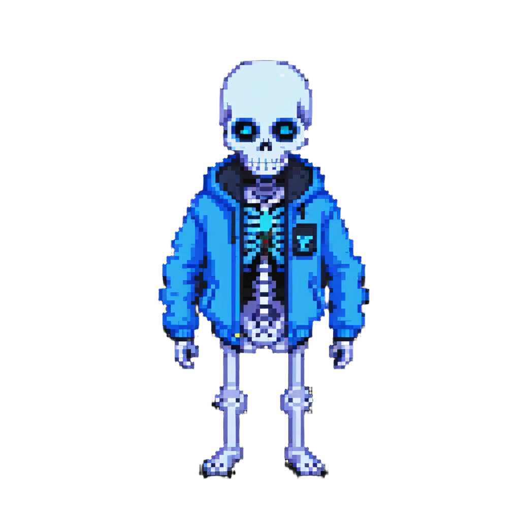 Sans skeleton character from Undertale with blue jacket and glowing blue eye emoji
