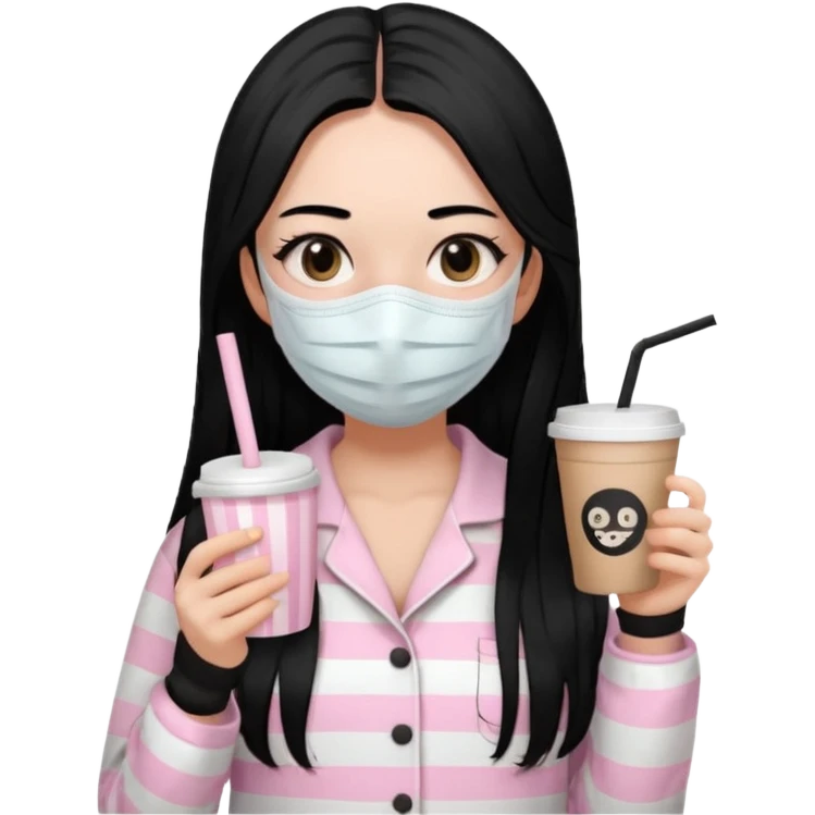chica de pelo lacio color negro cabellera larga piyama blanca con rayas rosa claras peo no tan claras no oscuras el bordado es negro al igual que los botones )tiene una mascarilla para la carablanca y sostiene y cafe con bolitas nedras al dondo con unsorbete tranparente y es de test blanca  emoji