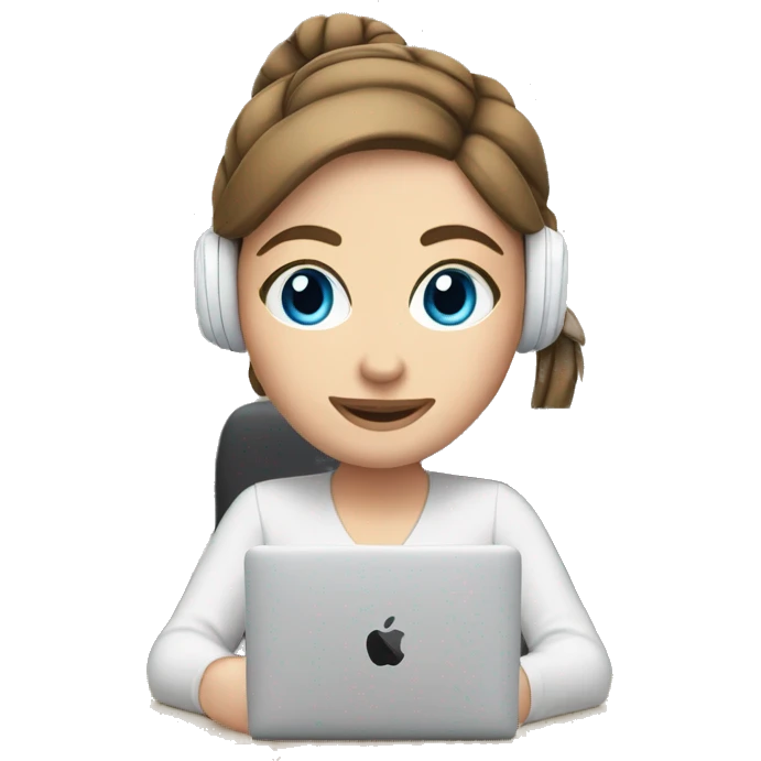 white girl at desk, brown hair, ponytail, blue eyes, computer, airpods emoji