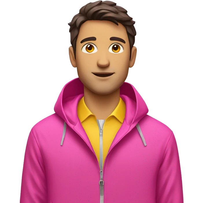 brunette man in pink polo and yellow rain jacket emoji
