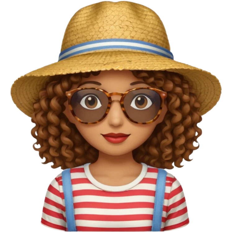 curly hair woman with striped clothing sun glasses and straw hat emoji