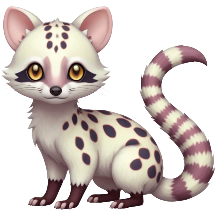 White Albino grey-spotted Civet-Genet-Trico-Furret-Linoone-Fakémon-Pokémon-animal-hybrid-fusion-creature (full body) with vibrant glowing eyes, cute, elegant, soft, realistic, pastel fur emoji