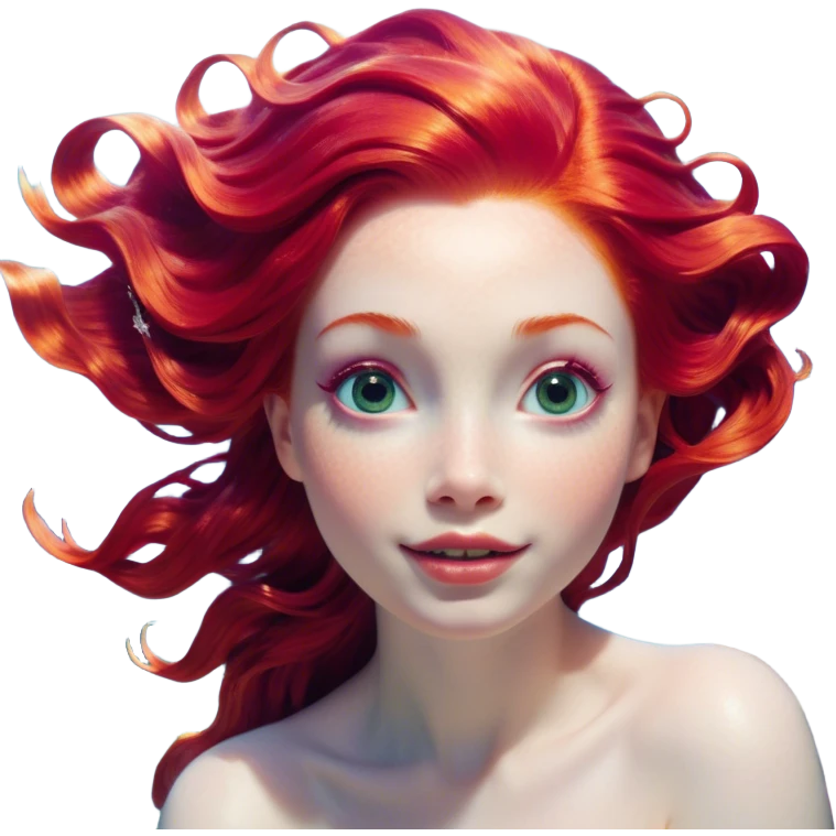 Cinematic Realistic Red Hair Mermaid Portrait, head tilted dramatically with an exaggeratedly amused expression, featuring a striking, vibrant form with meticulously detailed, flowing red hair and luminous porcelain skin. Her expressive eyes burst with playful marine mischief, rendered with dynamic underwater lighting and vibrant textures that convey an air of cheeky oceanic whimsy and over‐the‐top mermaid charm. emoji