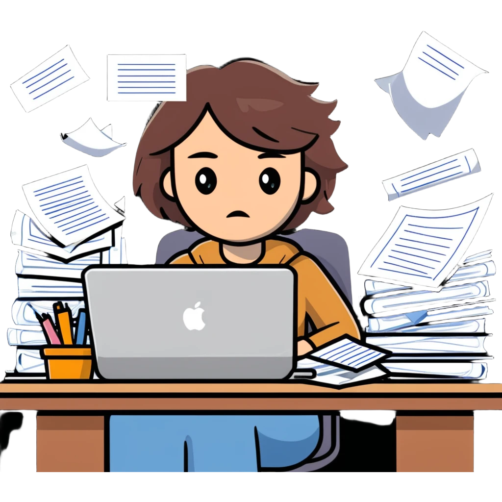 tired woman at a desk with a MacBook, surrounded by messy papers, emphasizing disorganization emoji
