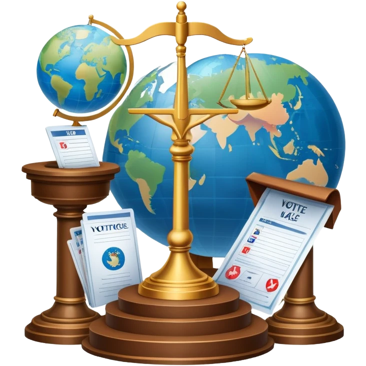 An icon featuring a podium with a speaker, a ballot box with a voting slip, and a globe, symbolizing political science. The design includes scales of justice and a world map in the background, representing governance and global politics. Transparent background highlights political analysis. emoji