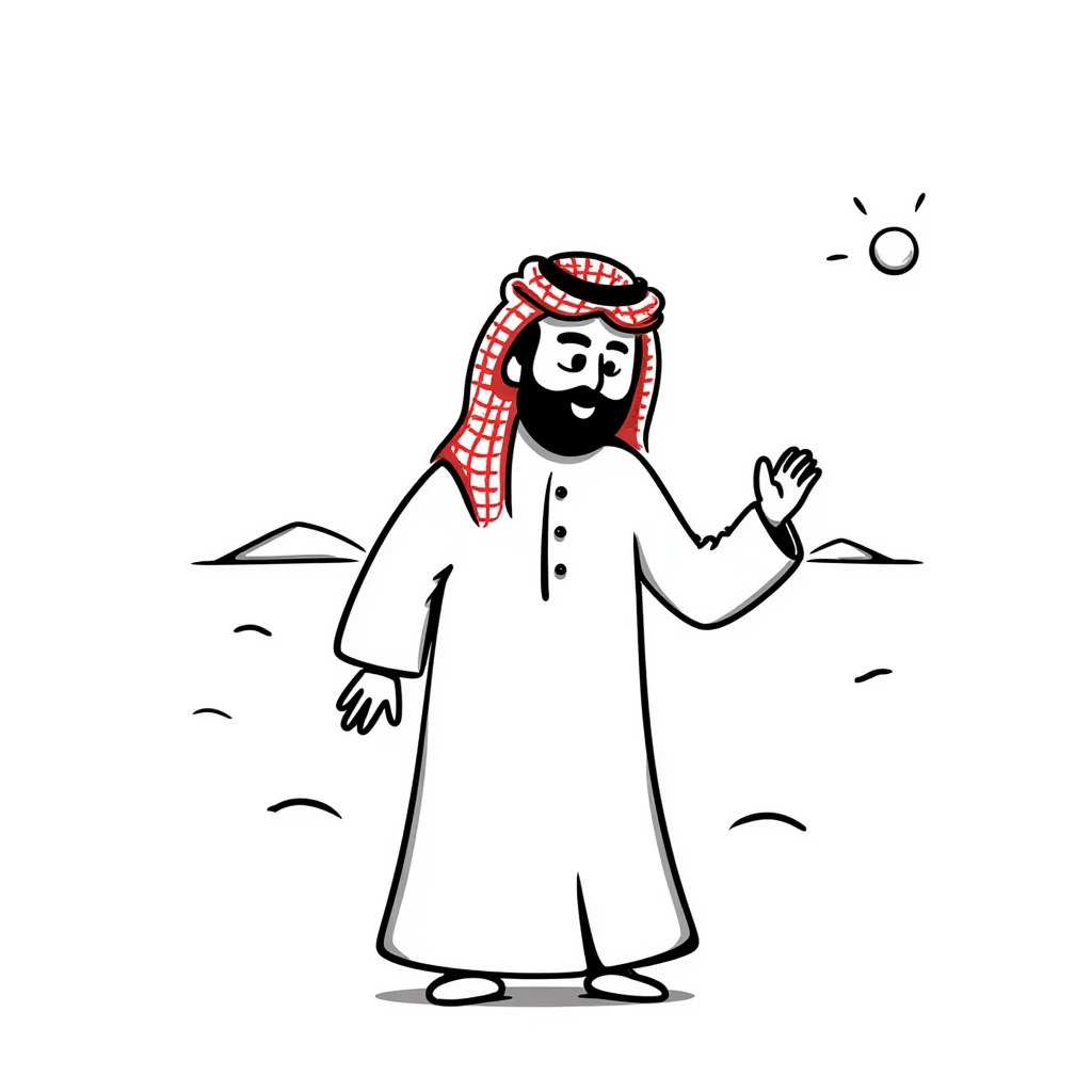 Arab man walking in desert, wearing white thobe and red checkered keffiyeh emoji