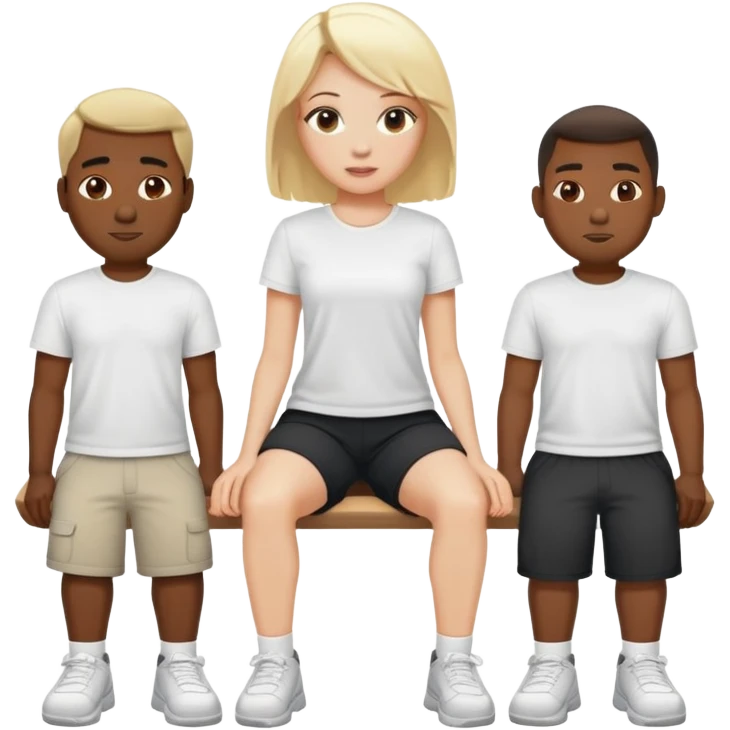 Five black guys in white t-Shirts and shorts standing around a white blonde women. She is sitting  emoji
