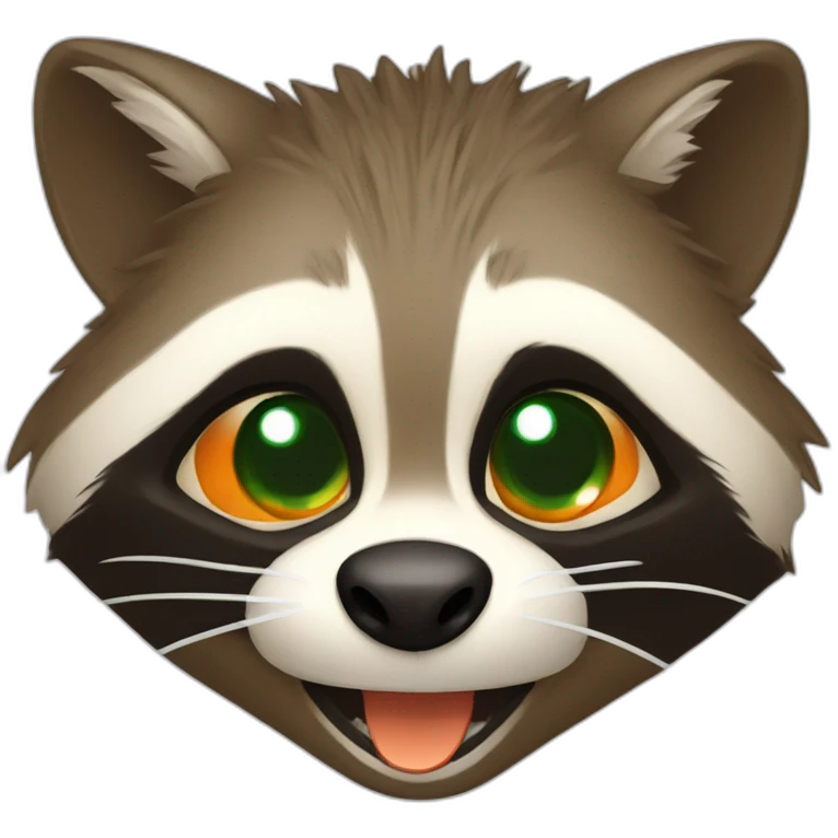 brown raccoon with orange eyes and a dark green hood that is laughing emoji