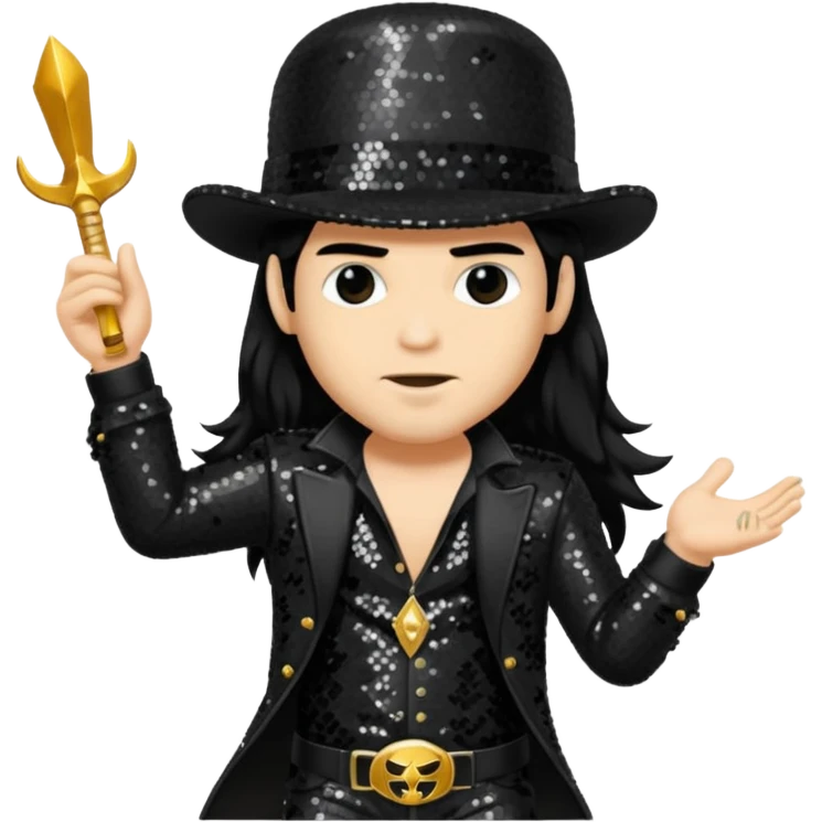 Slash from Gun n Roses with long jet black hair, black sequin outfit emoji