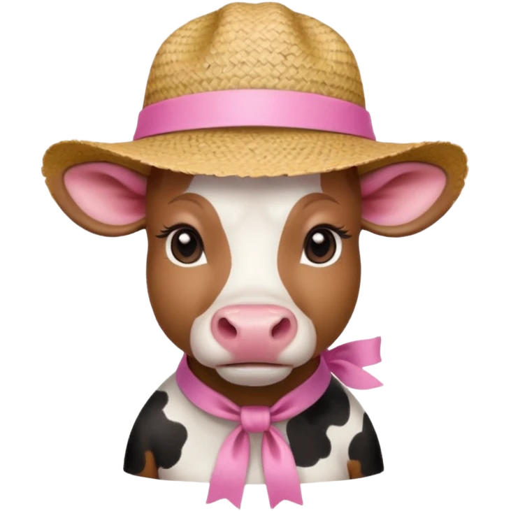 Girl cow with a pink ribbon and a small cute straw hat emoji
