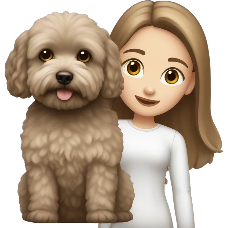 White Girl with brown long straight hair, holding a dark gray maltipoo with a white snout emoji