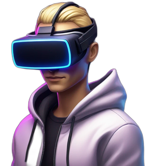 Alekséi Vorobiov wearing a black hoodie with "OMG" letters on it and VR headset in a cyberpunk VR environment with violet neon lighting. emoji