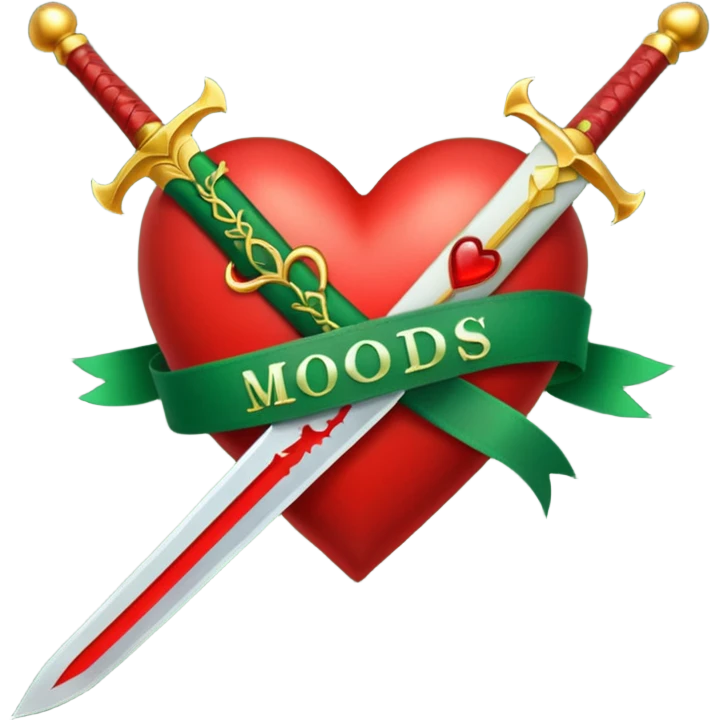 a red heart pierced by a green sword, with the golden text 'MODS' on a white ribbon emoji