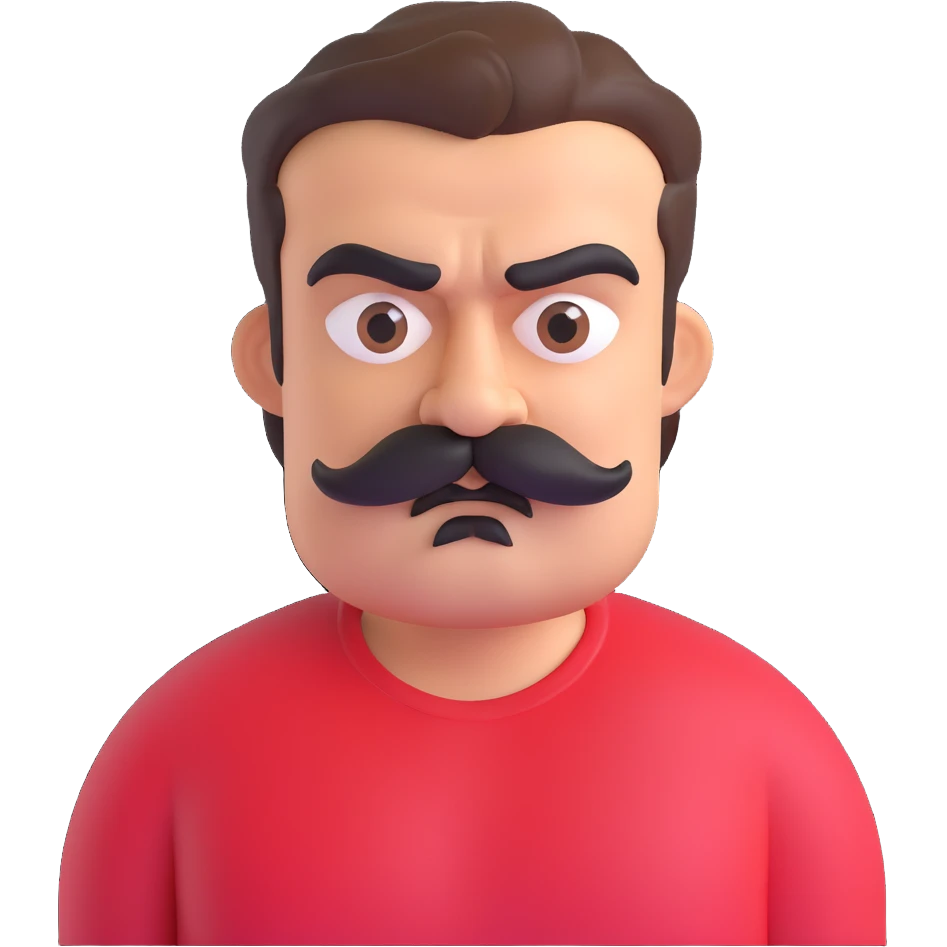 Recep İvedik, burly man with thick mustache, bushy eyebrows, red t-shirt, grumpy comedic expression, 3D emoji style emoji