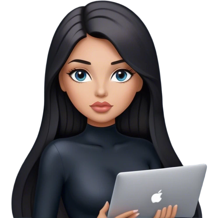 Glamours, tanned, very beautiful girl, with big pump peach-beige-rose lips, black straight smooth silky long hair, straight parting, blue-grey eyes, in black bodysuit holding MacBook emoji
