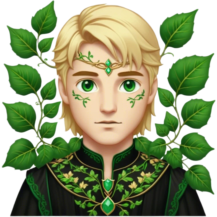A golden-haired High Fae male with striking emerald-green eyes, his features sharp and aristocratic. He wears a deep black tunic embroidered with green ivy-like patterns, symbolizing his connection to nature. Though his broad frame and strong jawline exude power, there is a weight behind his eyes—something restrained, something broken. emoji