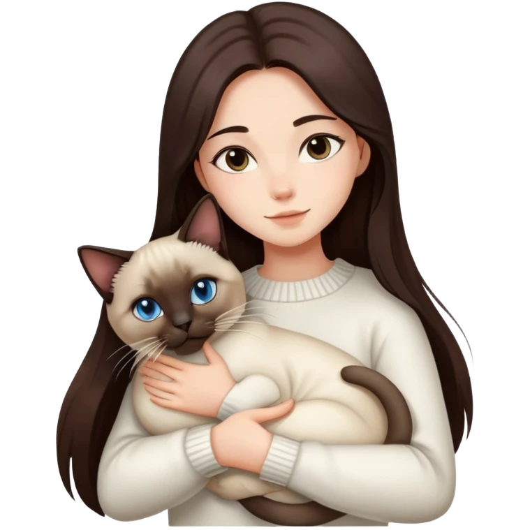 a girl with long dark brown hair, in a white sweater, hugs a Siamese cat. emoji