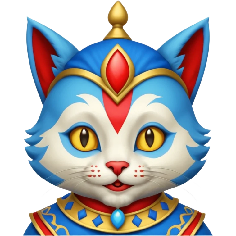 crazy colorful cute little cat jolly joker from poker, medieval, vintage, court jester, mac os icon, blue color emoji