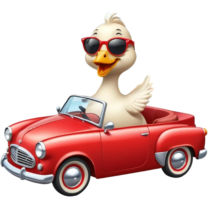 A cheerful goose wearing sunglasses, driving a vintage red convertible car with a big smile, wind blowing through its feathers, on a sunny day with a scenic background. emoji