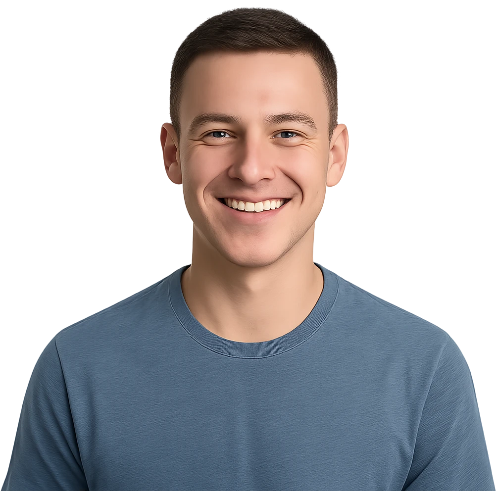 young man with short haircut, smiling emoji