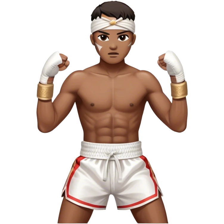 ​Cinematic Realistic Traditional Muay Thai Fighter such as Buakaw Banchamek, depicted in authentic attire featuring white bandaged gloves wrapped around his fists, a traditional headband tied neatly, and classic Muay Thai shorts, captured in a dynamic fighting stance under dramatic, high-energy lighting that highlights the raw power and elegance of the art, emoji