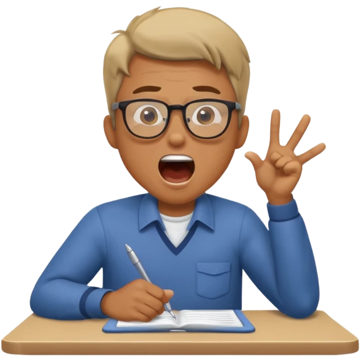 man at table, animated expression, shouting while working emoji