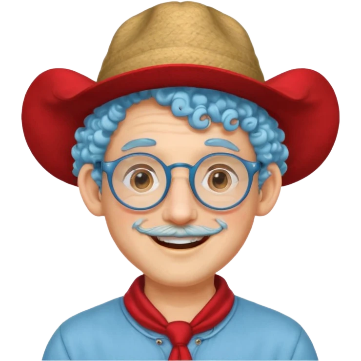 light blue haired man curly hair with big ears and red earrings and spectacles happy and hat wearing emoji